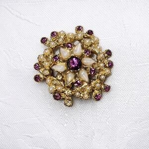Vintage Gold Tone Brooch Purple Rhinestone Faux Pearl Floral Brooch